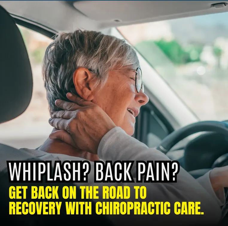 Older woman holding her neck in the driver's seat. Whiplash? Back pain? Get back on the road to recovery with chiropractic care.