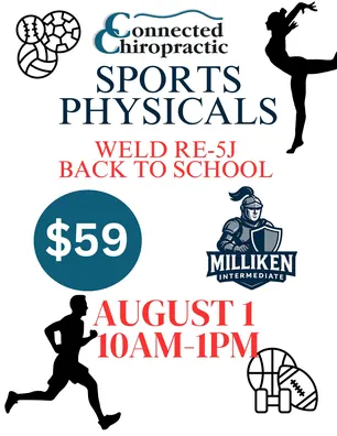 Sports physicals flyer: $59 back-to-school sports physicals for Weld RE-5J students at Milliken Intermediate School
